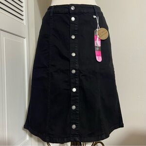 Esteez Black Denim A-Line Midi Length Button Front Skirt Stretch Size 12